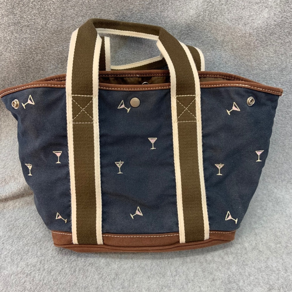 J.Crew Martini Glass Embroidered Women Navy Canvas Tote Bag Snap Top OS